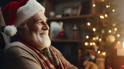 grandfather happy and smiling in his living room enjoying the magic of Christmas