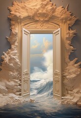 Doorframe with Entrance to an Ocean. Room with Golden Decorations and Clouds coming in from the other side.