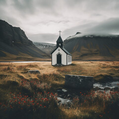 a tiny budir church alone iceland - obrazy, fototapety, plakaty