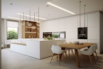 Matte white kitchen with wooden island table, cabinet wall, handleless and glass partition. Generative AI - obrazy, fototapety, plakaty