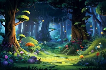 Cartoonish forest with realistic scene, designed as a wallpaper or background. Generative AI