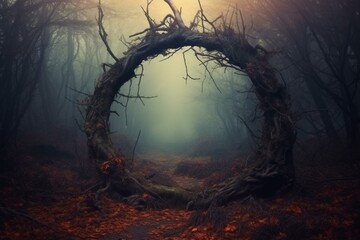 Dark autumn forest with gloomy atmosphere, eerie round branch arch as entrance to a foggy horror scene. Generative AI