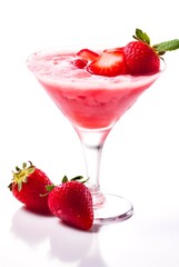 Glass of strawberry alcoholic cocktail on white background.