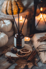 Home comfort, coziness, aromatherapy. Cozy fall interior with knitted wool warm sweater, burning candles and autumn aroma perfume diffuser. Pumpkin pie scent, maple sirup, cinnamon, anise, dry citrus