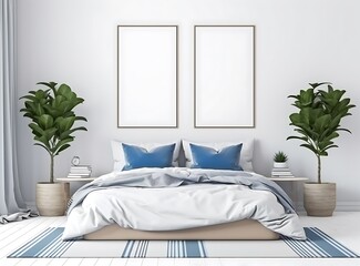 Interior of modern bedroom with white walls, carpet, king size bed and two vertical mock up posters. 3d render