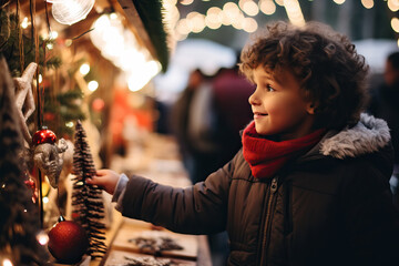 Small happy child looking at decoration in a shop Christmas Market and Enjoying of a charming holidays.
