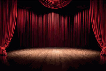 stage with red velvet stage with red velvet red theater with red curtain and wooden floor. empty stage. vector illustration - obrazy, fototapety, plakaty