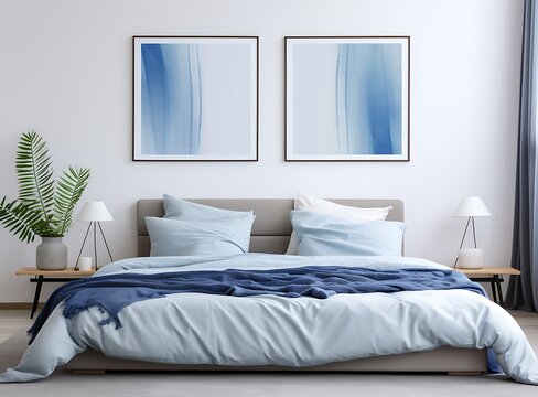 Modern bedroom interior with two posters on the wall, 3d render