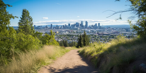 Sweeping view of city skyline from a hiking trail