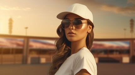 While holding her hands behind her head and looking at the camera while donning a baseball cap, stylish sunglasses, and a white blouse