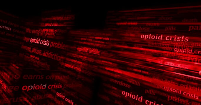 Opioid crisis opiates epidemic and painkiller abuse headline news across international media. Abstract concept of news titles on noise displays loop. TV glitch effect seamless and looped.