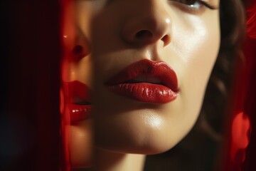 Woman's red lips with mirror reflection - obrazy, fototapety, plakaty