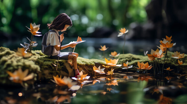 Claymation, Stop Motion: M&auml;dchen liest am Teich, Bl&auml;tter fallen, Herbst