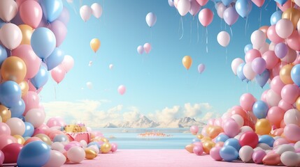 Background of a birthday celebration with a balloon border - obrazy, fototapety, plakaty