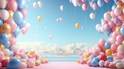 Rolgordijnen Background of a birthday celebration with a balloon border © SAJAWAL JUTT