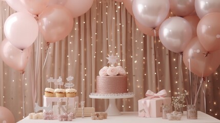 delicious welcome Party for birthday Birthday girl decorations on a brown wall with balloons, an arch, and other party decor. Concept of a baptismal party Stylish Cake