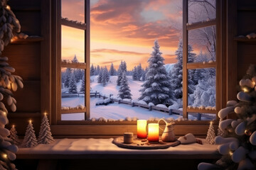 panoramic cabin window at a wintry scene, interior is decorated for Christmas
