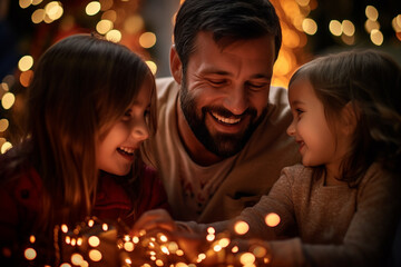 Obraz na płótnie Canvas Happy family in New Year, Merry Christmas, Christmas tree, New Year gifts, father mother abd child happy emotions xmas comfortable fireworks together winter snow.