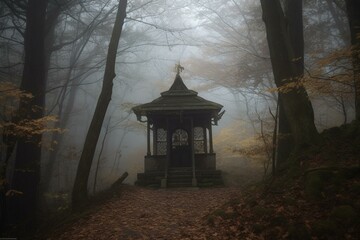 Eerie and spooky shrine hidden in the misty woods. Generative AI - obrazy, fototapety, plakaty