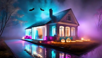 House, fog, photo, a multicolored light show, in the style of gauzy atmospheric landscapes. Halloween background. - obrazy, fototapety, plakaty