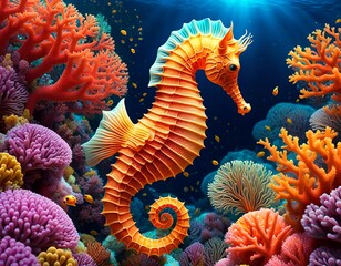 Stunning seahorse swimming in colourful coral reef!