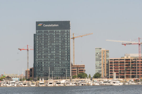 Baltimore, Maryland, US - July 26, 2023: Constellation Energy, parent company to BGE Baltimore Gas and Electric building in Harbor East neighborhood seen from across the Inner Harbor