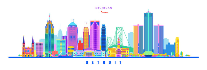 detroit city landmarks architectural colorful abstract vector illustration on a white background	 - 661206210