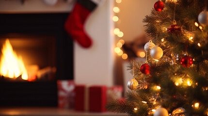 Fototapeta na wymiar beautifully decorated christmas home with fireplace 