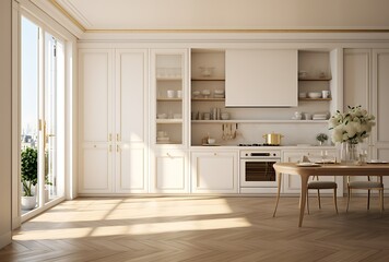 Fototapeta premium Interior of modern kitchen with white walls, wooden floor, white cupboards and built in cooker. 3d rendering