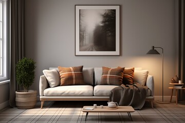 Contemporary room with couch, cushions, checked blanket, artwork, lighting and greenery. 3D visualization. Generative AI
