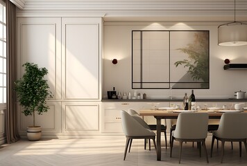 Interior of modern kitchen with white walls, wooden floor, white cupboards and dining table with chairs. 3d rendering