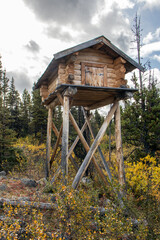 wooded log Cache on stilts for food storage in the wilderness