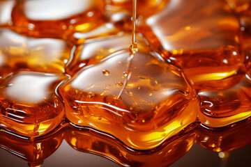 Macro detailed golden honey and honeycombs, liquid sticky texture. Natural products background