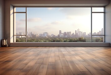 Empty room with wooden floor and city view. 3D Rendering