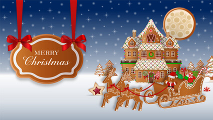 christmas greeting card with gingerbread landscape. christmas background with gingerbread sleigh and house