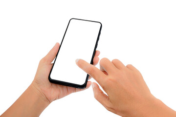 Hand holding a smartphone. Transparent mobile screen mockup. Shopping online or technology concept.