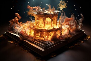 Open magical book that contains fantastic stories, Reading books and literature allows you to plunge into world of imagination, opens boundaries for fantasy, to build your own world.