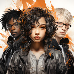 A black man with glasses and white man with blond hair and glasses and a woman with curly hair in the middle; Diversity and equality; Say no to racism; 4K (1:1)