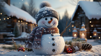 Obraz premium Wintry evening with a snowman wearing a grey knitted hat and scarf outside rustic cottages under glowing lights in snowfall. Merry Christmas and Happy Holidays! Seasonal background.