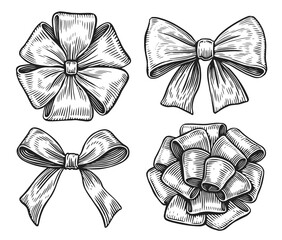 Hand drawn ribbon bow in sketch style. Vintage engraving illustration