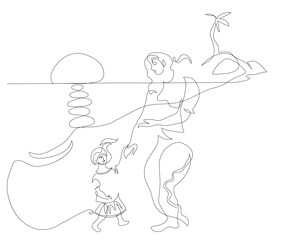 One line drawing of mother and daughter holding hands, walk on beach.
One continuous line drawing of walk on beach and bonding with love.
