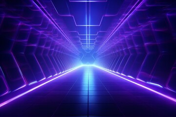 Futuristic purple-blue underground tunnel with neon laser lights, showcasing a cyber virtual club atmosphere with smoke and fog. Generative AI