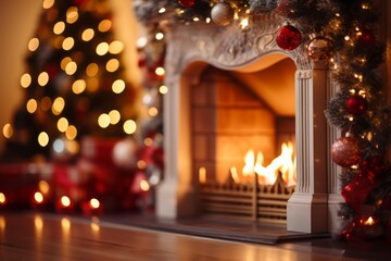 Christmas Fireplace with Blurred Lights Background