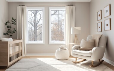 Fototapeta na wymiar Modern Scandinavian style nursery with a neutral color palette and contemporary furnishings
