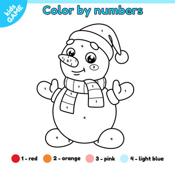 Page of the coloring book by numbers for children with cartoon snowman in scarf and red santa claus hat. Color contour winter snow character. Educational game for kids. Outline vector illustration