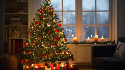 Beautifully decorated Christmas home, with bokeh lights and window 
