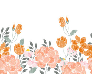 Hand Drawn Rose and Magnolia Flower Seamless Background