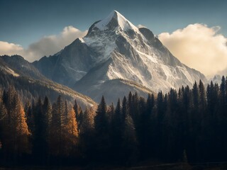 a mountain with trees and snow on top