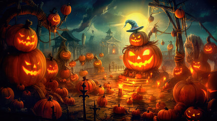 Naklejka premium An abandoned scary house next to a cemetery in a forest with pumpkins, a full moon, bats and fog. Pumpkins In The Cemetery On A Creepy Night, on a Halloween background. Generative AI