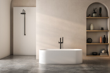 Modern bathroom interior with beige and white walls, shower area, basin with mirror, shelf and grey...